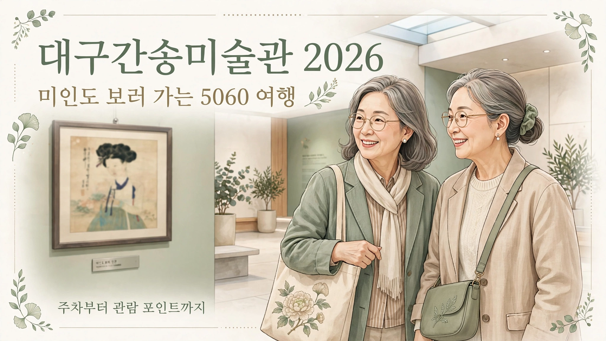 대구간송미술관 2026 미인도 전시를 관람하는 5060 여성 두 명이 미인도 작품 앞에서 미소 짓는 모습, 주차부터 관람 포인트까지 안내하는 대구 문화 여행 썸네일