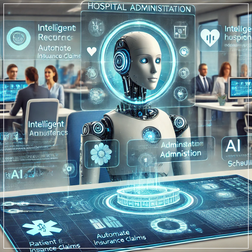병원 행정 시스템에 지능형 RPA가 적용되어 환자 기록을 관리하고 보험 청구를 자동화하는 모습