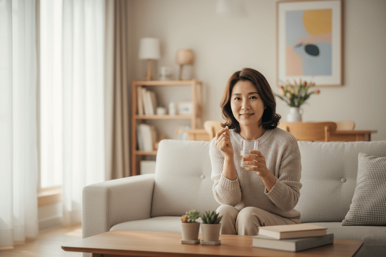 거실 소파에 앉아 물과 함께 영양제를 섭취하며 미소 짓는 여성의 관절 건강 관리 라이프스타일 이미지