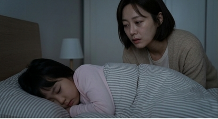 이불 속에서 나오지 않으려는 아이와 지친 엄마