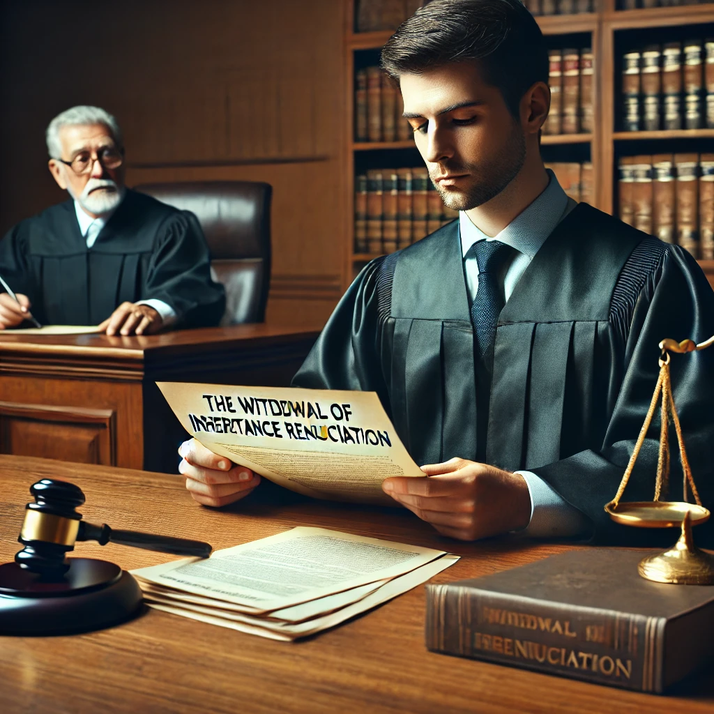 법정에서 판사가 상속포기 취소 서류를 검토하고 있는 모습.