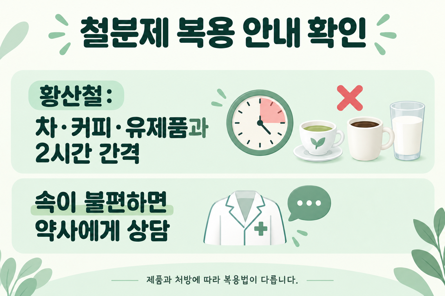 황산철 차 커피 유제품 2시간 간격과 약사 상담