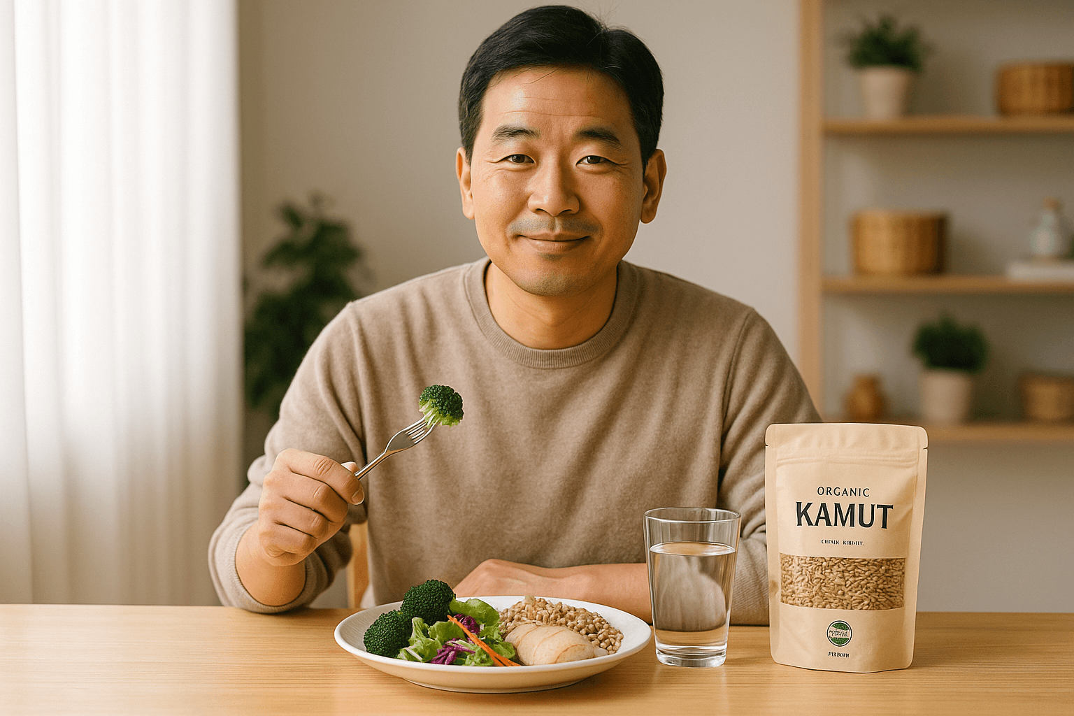 식이섬유 풍부한 브로콜리와 유기농 카무트 곡물, 샐러드로 구성된 건강한 식사를 하는 중년 남성