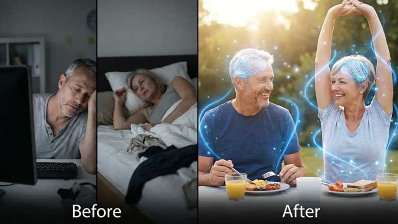 만성 피로에 시달리던 중장년 남녀가 '활력 뿜뿜' 특급 비법으로 피로를 해소하고 에너지를 되찾는 Before/After 모습. 만성 피로 관리와 활력 증진.
