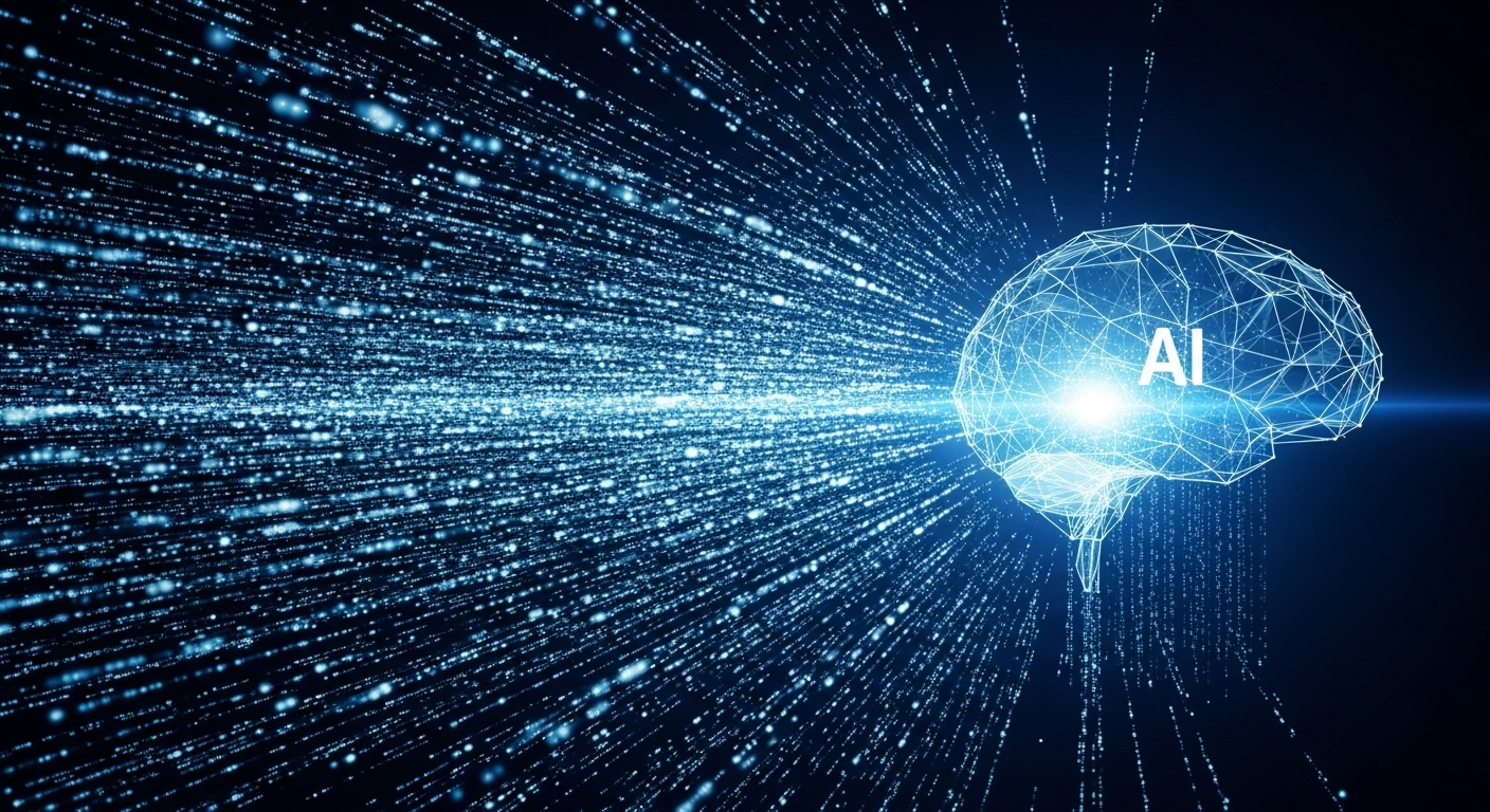 수많은 데이터가 인공지능(AI)의 뇌로 흘러 들어가 분석되고 처리되는 과정을 시각적으로 표현한 빅데이터와 AI 관련 이미지.