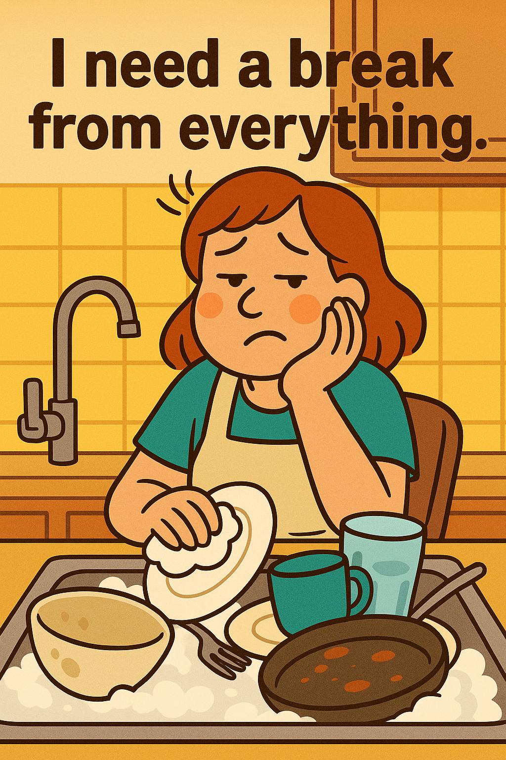 설거지가 쌓인 싱크대 앞에서 이런 상황에 지쳐있는 여자가 서있는 일러스트