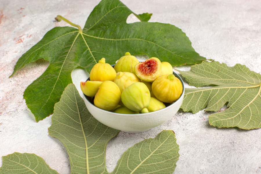 야생에서 채취를 한 무화과나무의 잎을 바닥에 3장 깔아두고 그 가운데에 하얗고 동그란 유리 그릇에 무화과 열매를 가득 담아놓고 찍은 사진