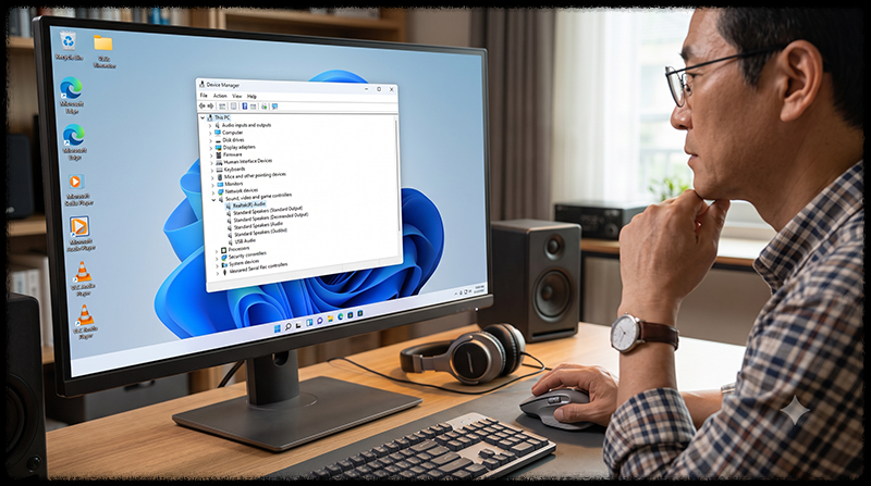 Windows 11 장치 관리자에서 Realtek 오디오 드라이버 설치 상태를 확인하는 모습
