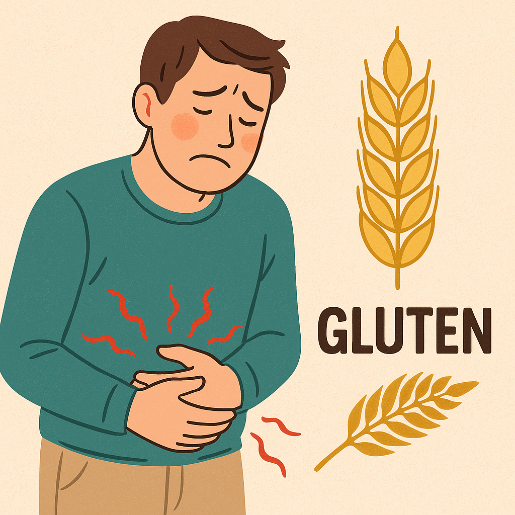 “밀가루 음식을 먹고 배를 부여잡고 더부룩해하는 사람과 글루텐을 상징하는 밀 이삭 일러스트”
