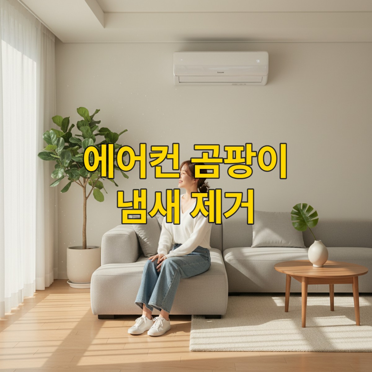 깨끗하게 청소된 에어컨 앞에서 상쾌한 표정으로 서 있는 젊은 한국 여성. 쾌적하고 시원한 여름 분위기를 보여줍니다.