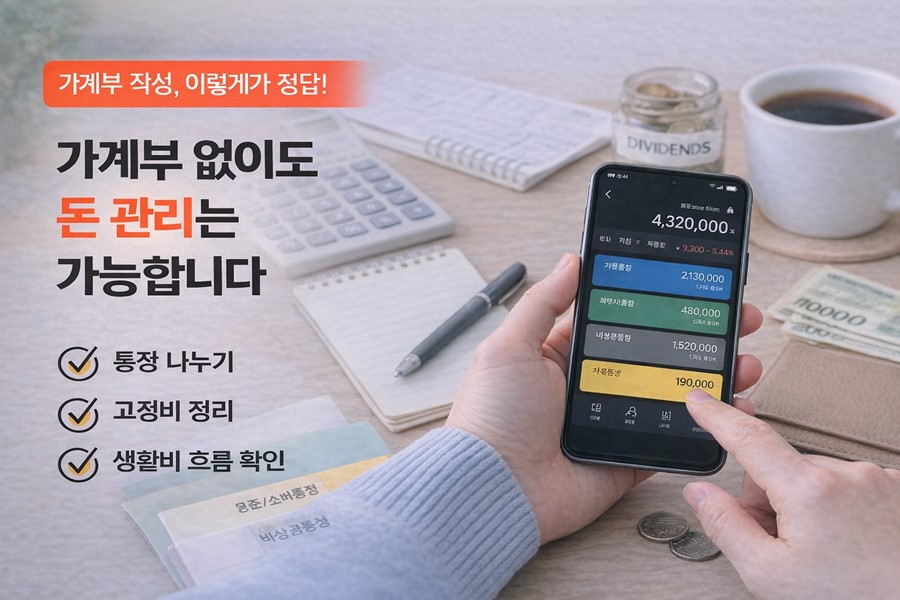 통장을 생활비, 고정비, 비상금으로 나누고 가계부 없이도 돈의 흐름을 관리하는 방법을 보여주는 체크리스트형 이미지입니다.