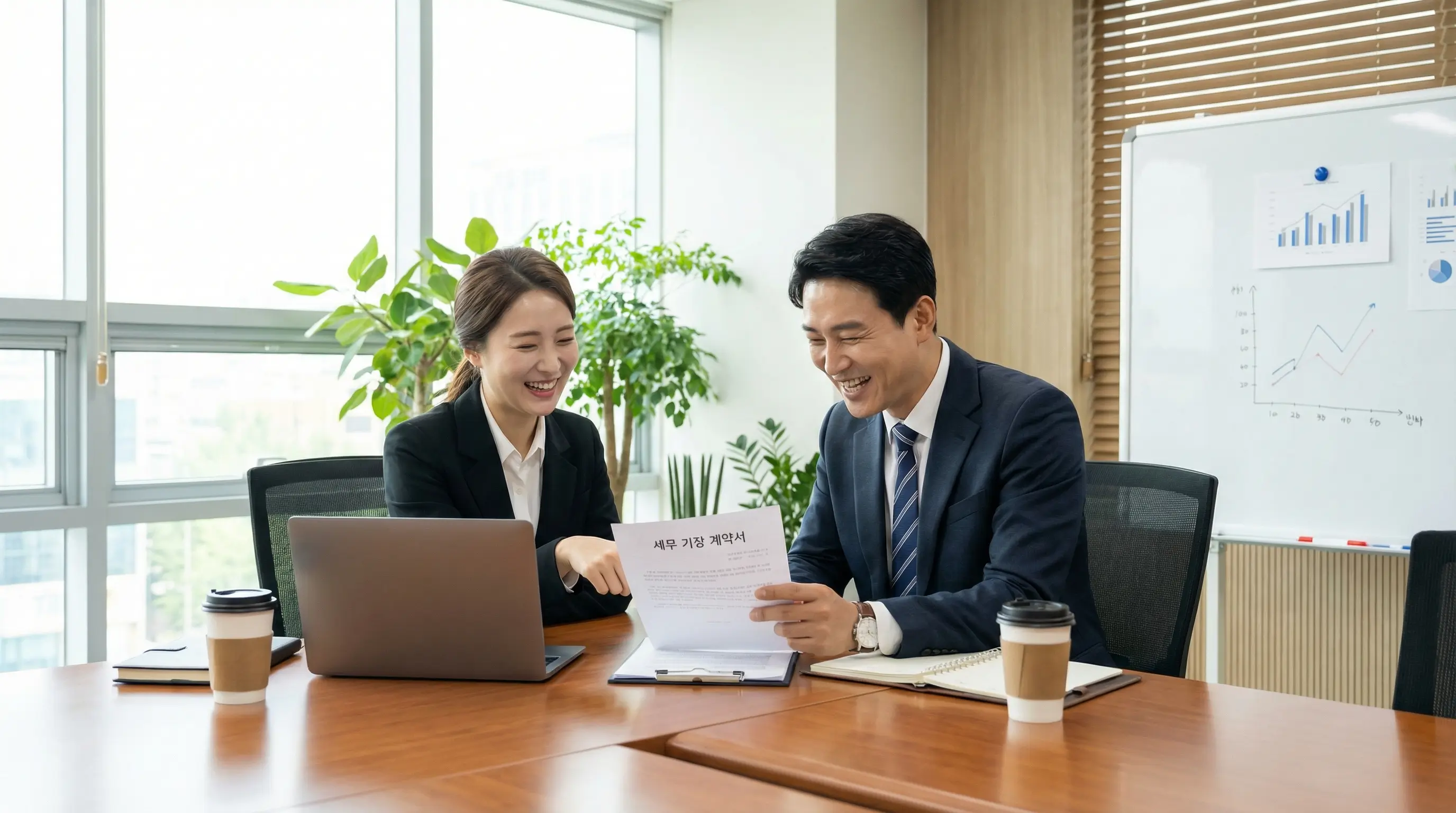 깔끔한 회의실에서 세무사와 법인 대표가 웃으며 세무 기장 계약서를 검토하는 긍정적인 모습