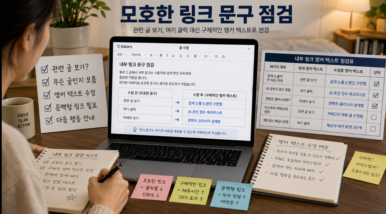 티스토리 블로거가 관련 글 보기 같은 모호한 내부 링크 문구를 문맥형 앵커 텍스트로 수정하는 이미지