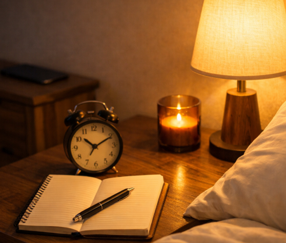 따뜻한 조명의 침실과 멀리 치워진 스마트폰 모습으로 수면의 질을 높이는 생활 습관 상징