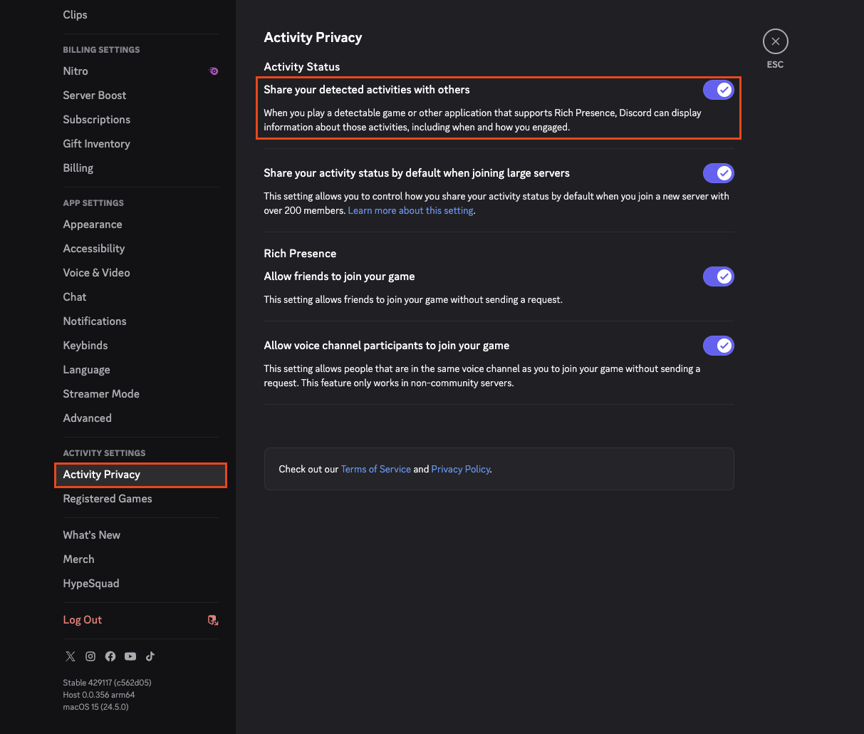 Share your detected activities with others 토글 비활성화 하는 스크린샷