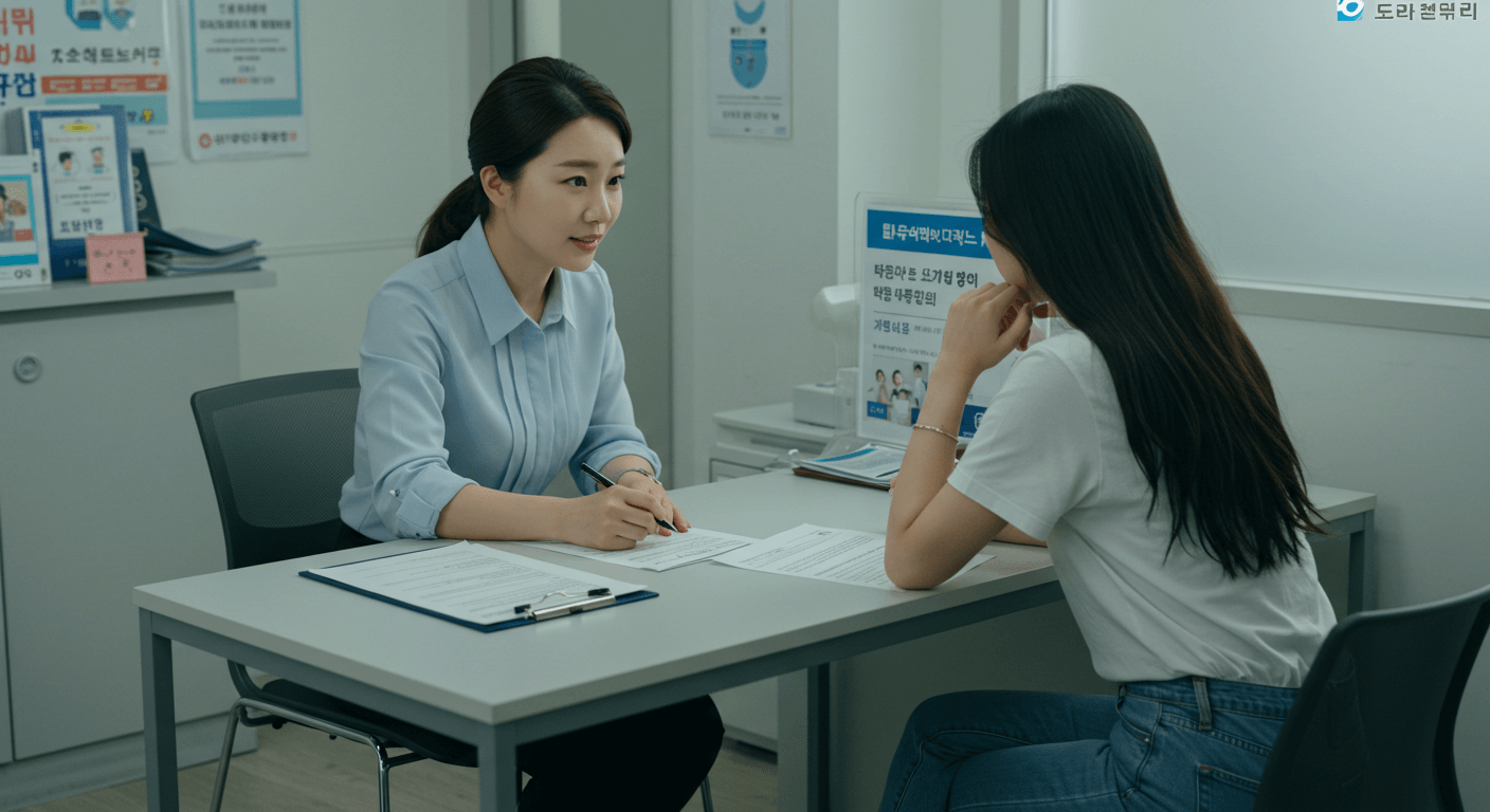 생활지원금 조건 기한등에 대해 여성이 상담 실에서 상담하는 모습 1