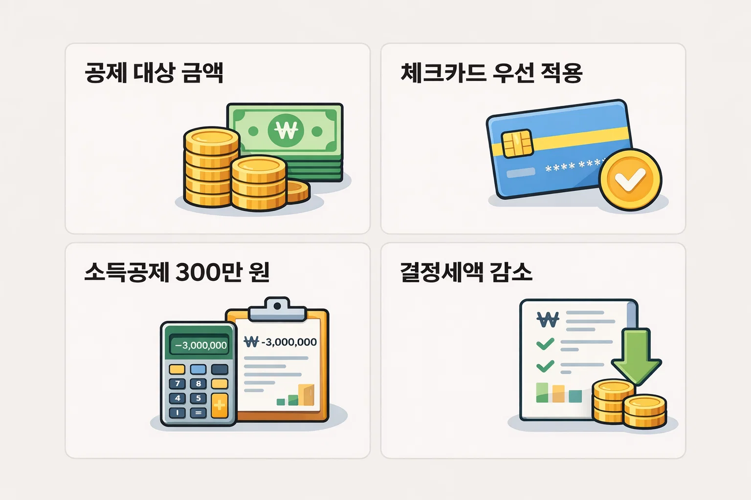 토스 체크카드 우선 적용 규칙과 소득공제 한도 300만 원 기준이 연말정산 환급 결과에 어떤 영향을 주는지 시각적으로 정리한 이미지