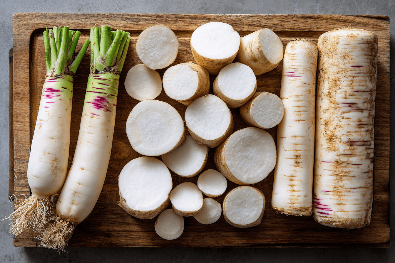 도마-위에-썰은-무가-놓여있는-이미지