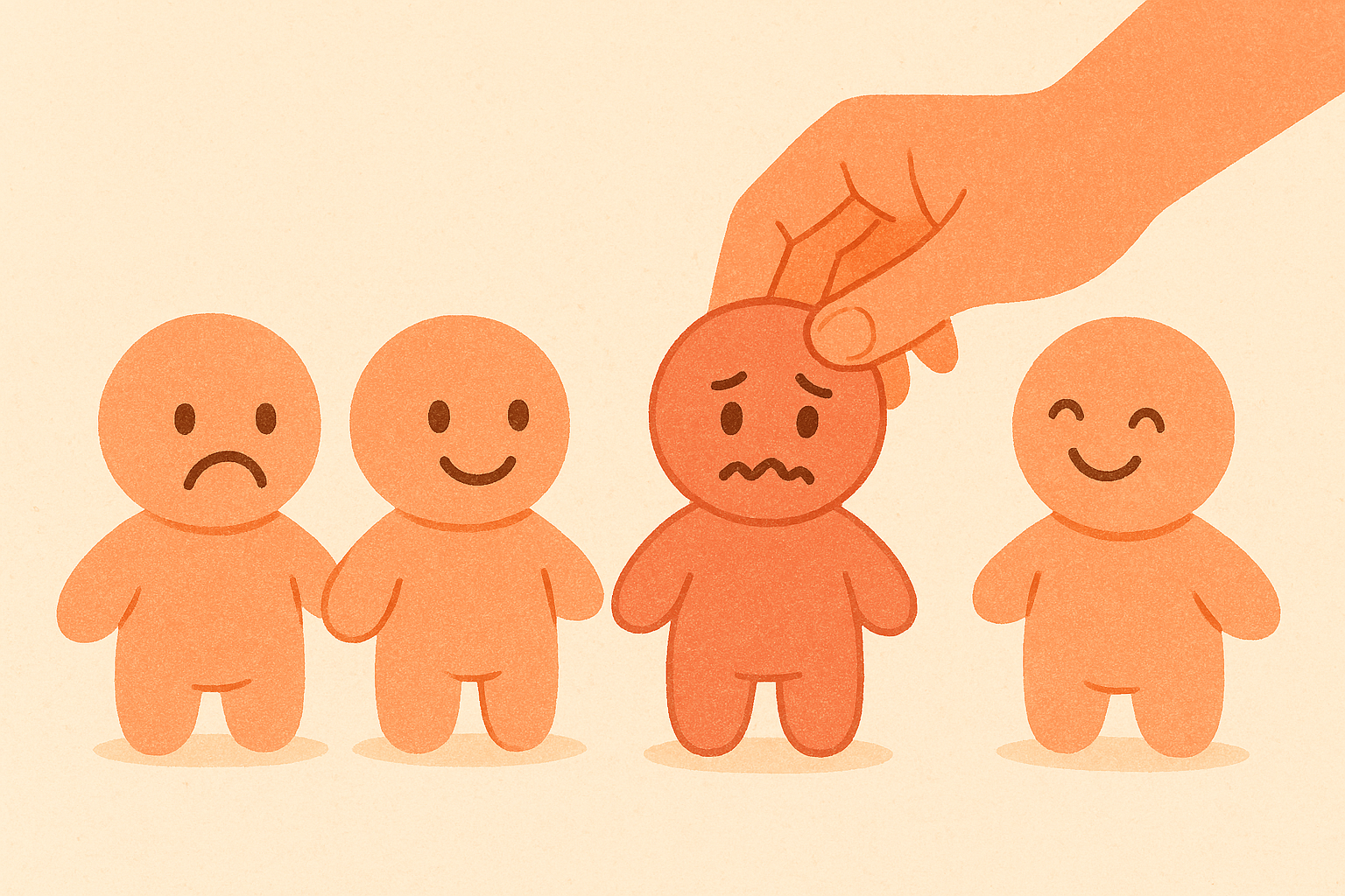 여러 감정을 담은 다양한 표정의 인형이 나열되어있다.