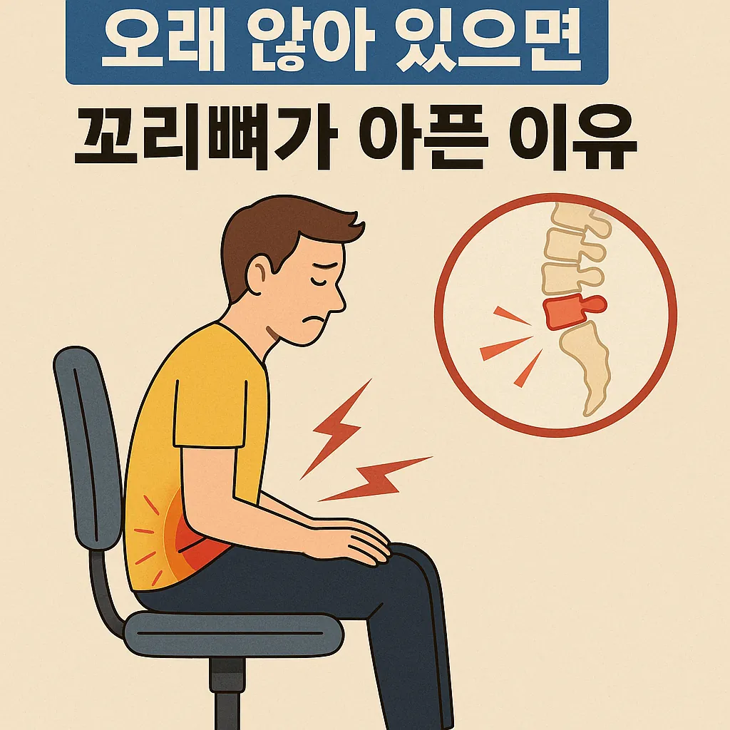 오래-앉아-있어서-꼬리뼈에-통증을-느끼는-남성과-강조된-척추-삽화가-함께-표현된-일러스트