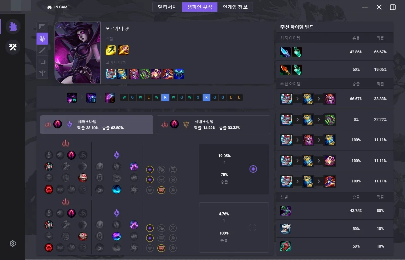 챔피언 분석 및 룬, 아이템 빌드 추천 보기