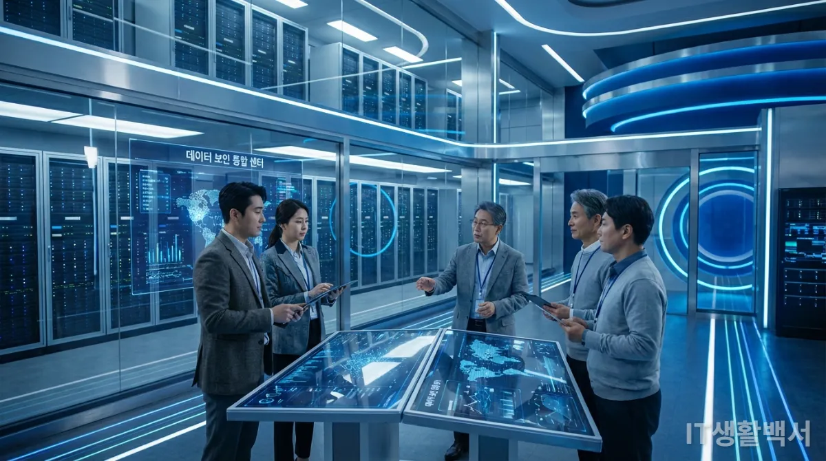 미래형 한국 데이터 센터에서 협력하여 보안을 분석하는 사이버 보안 전문가들
