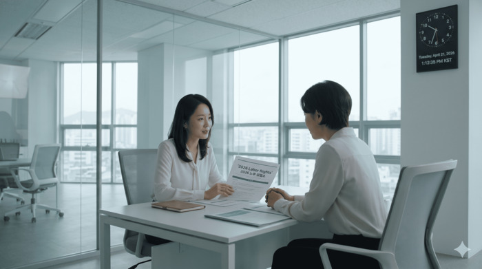밝고 깨끗한 공간에는 유리 벽과 도심 전경이 펼쳐져 있으며, 책상 위에는 '2026 Labor Rights'와 '2026 노동 권리'라고 적힌 문서가 놓여 있습니다