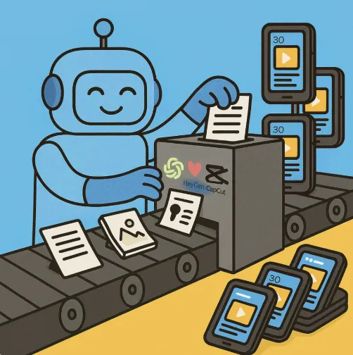 귀여운 파란 AI 로봇이 블로그 글, 아이디어, 이미지 등을 벨트에 올려 기계에 넣고, 기계에서는 스마트폰 형태의 숏폼 영상이 자동으로 출력되고 있는 모습