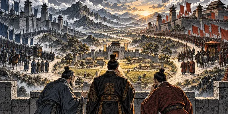 Modern manga-style illustration of the small state of Teng caught between the powerful states of Qi and Chu.