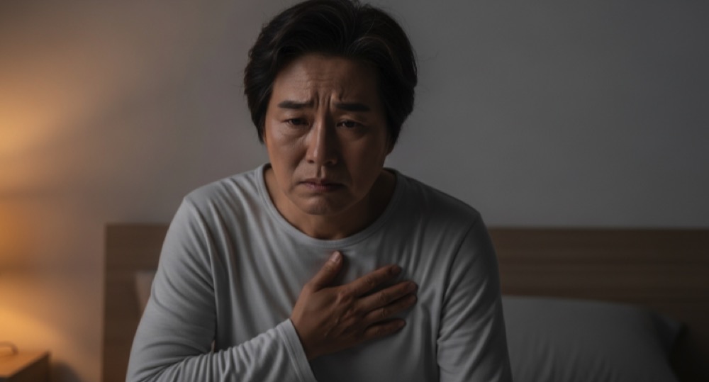 심장 두근거림 원인을 고민하며 불안해하는 모습