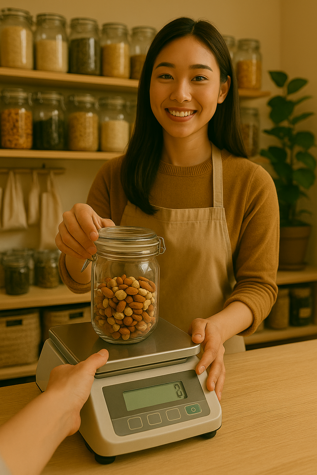 저울 위 유리병과 점원