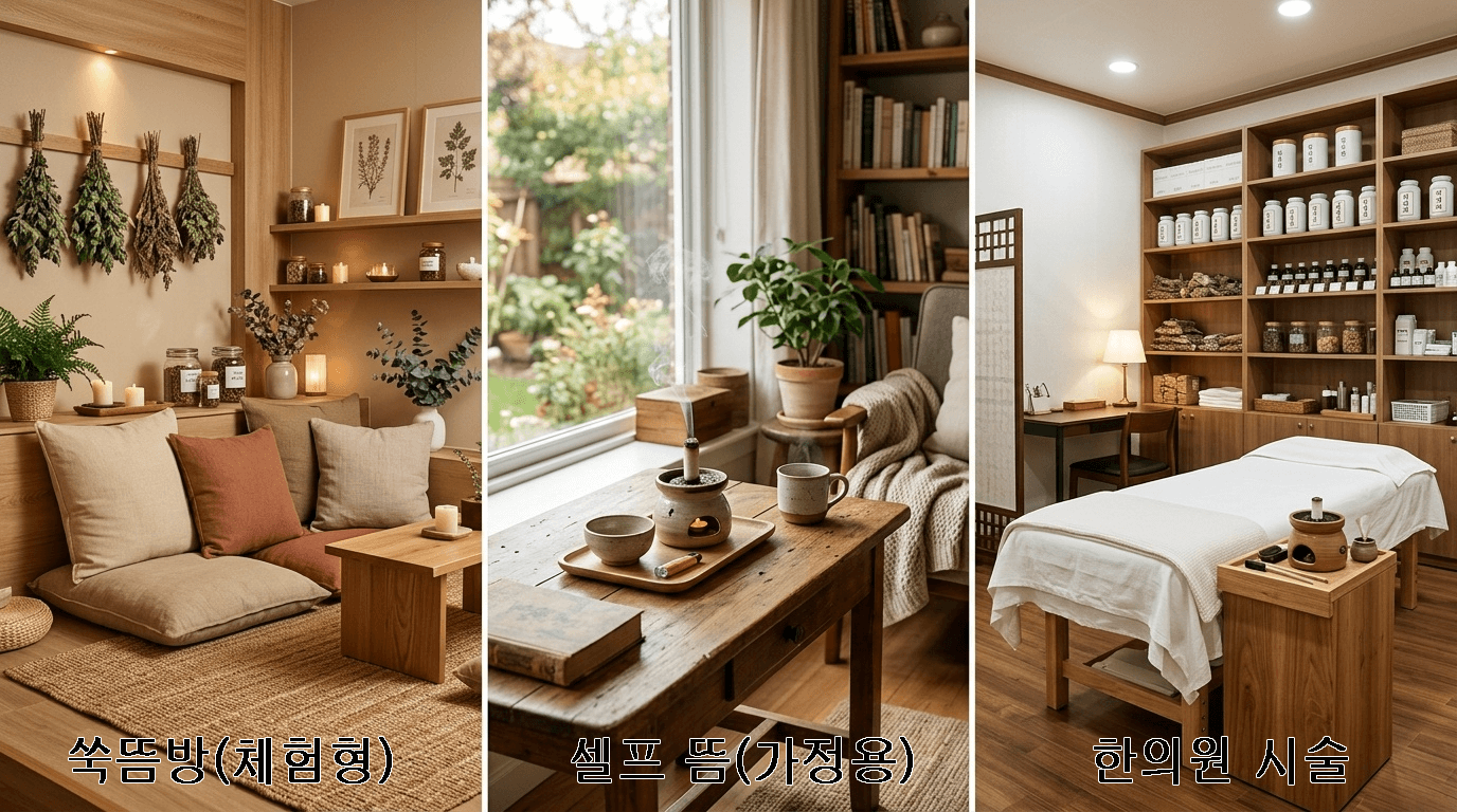 쑥뜸방 셀프뜸 한의원 세 가지 공간 실사풍 비교 이미지