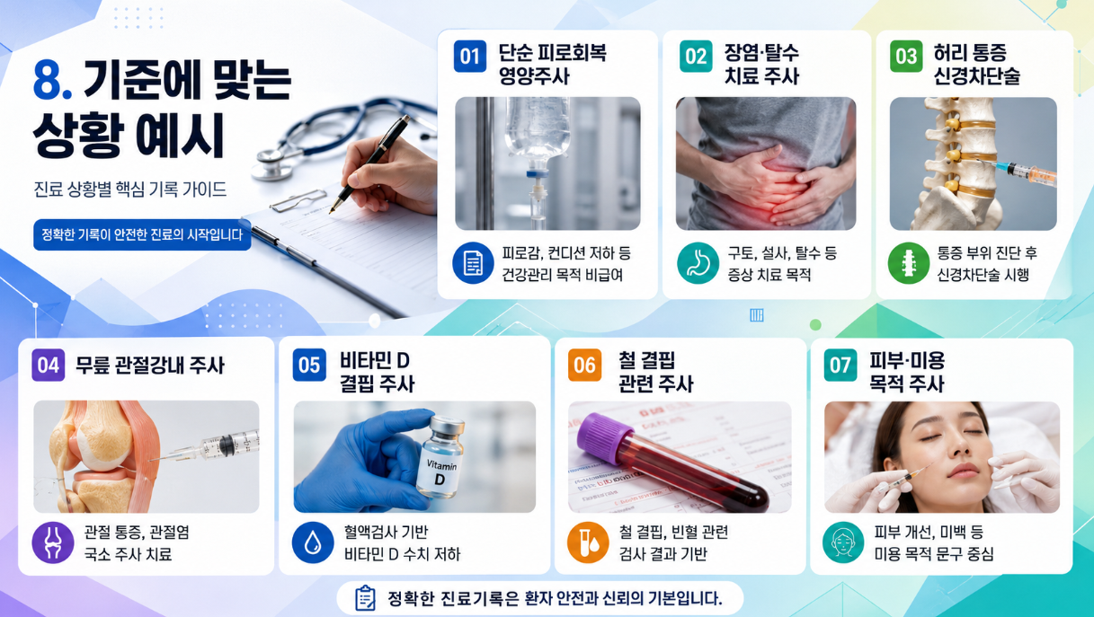 진료기록 기준에 맞는 상황 예시를 정리한 16:9 의료 인포그래픽으로, 단순 피로회복 영양주사, 장염·탈수 치료 주사, 허리 통증 신경차단술, 무릎 관절강내주사, 비타민 D 결핍 주사, 철 결핍 관련 주사, 피부·미용 목적 주사를 실제 관련 이미지와 함께 카드형 구획으로 배치한 디자인