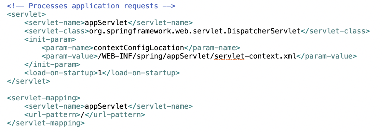 DispatcherServlet이 로딩되는 web.xml 설정 부분