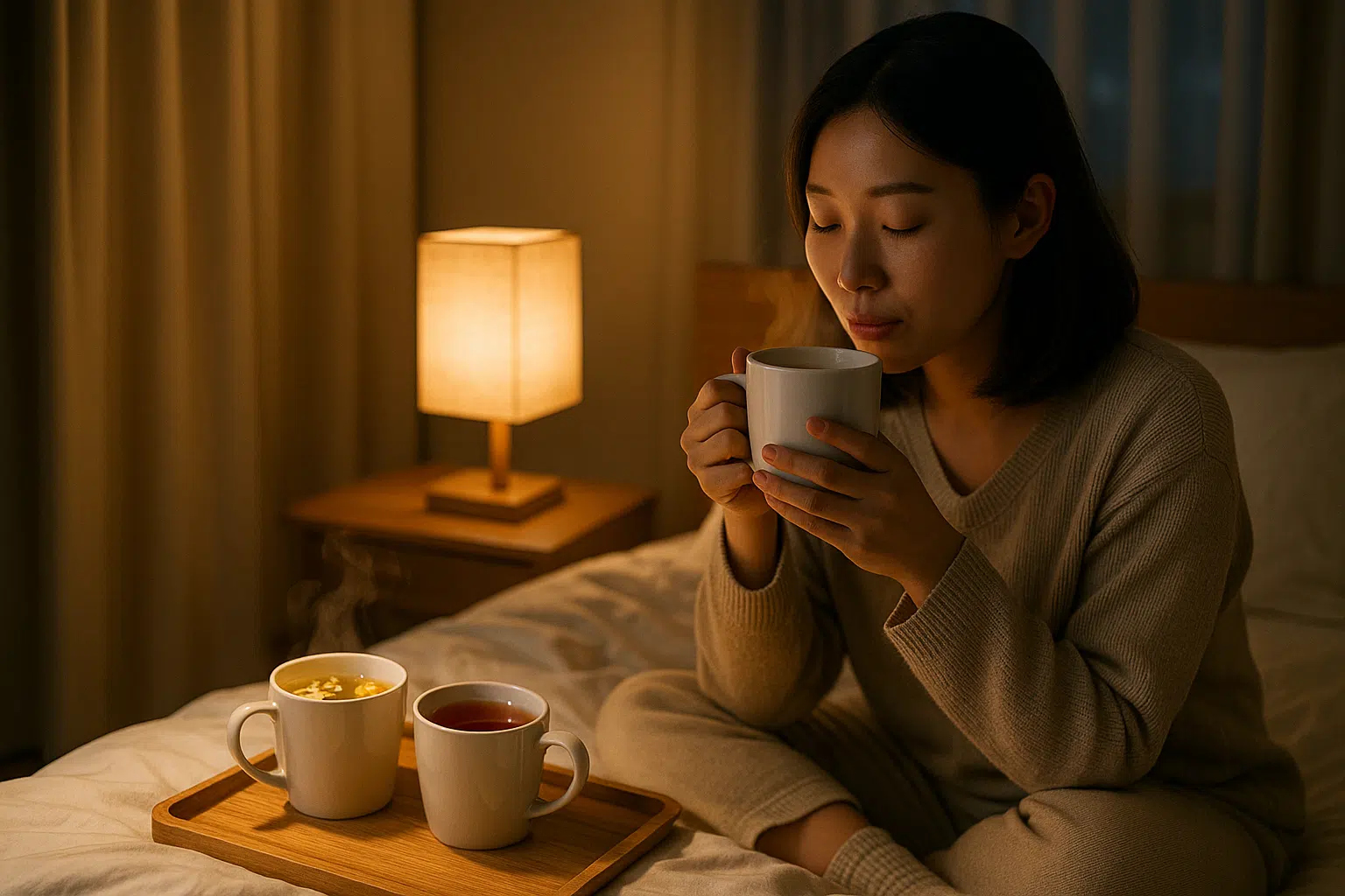 취침 전 따뜻한 허브티를 마시는 장면, 머그컵에 김이 나는 캐모마일·루이보스·민트티, 편안한 조명, 아늑한 침실 배경