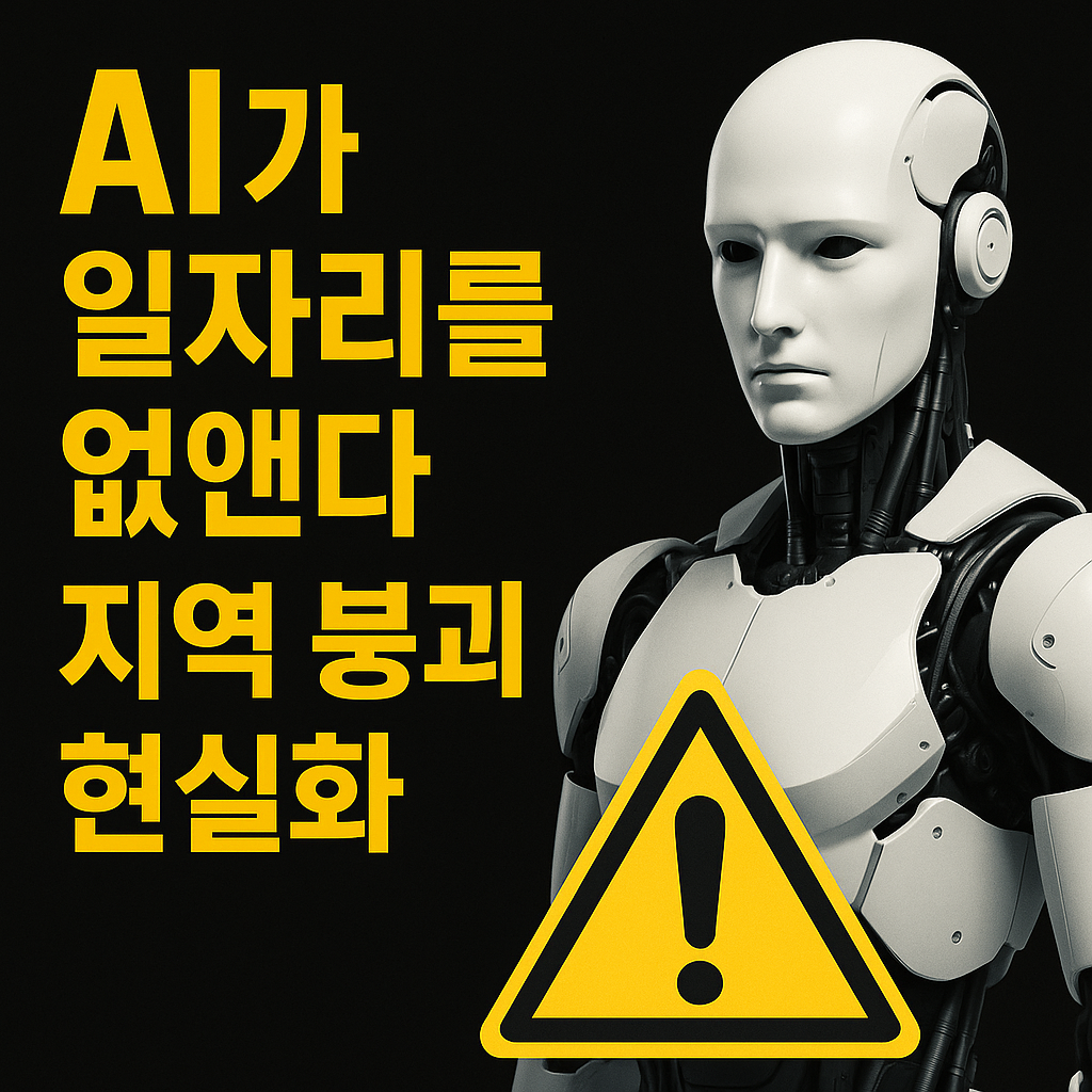 &ldquo;검은 배경에 노란색 경고 문구 &lsquo;AI가 일자리를 없앤다 / 지역 붕괴 현실화&rsquo;가 크게 적혀 있고, 오른쪽에는 흰색 휴머노이드 로봇과 아래쪽 노란색 삼각형 경고 아이콘이 배치된 경고형 뉴스 썸네일 이미지.&rdquo;