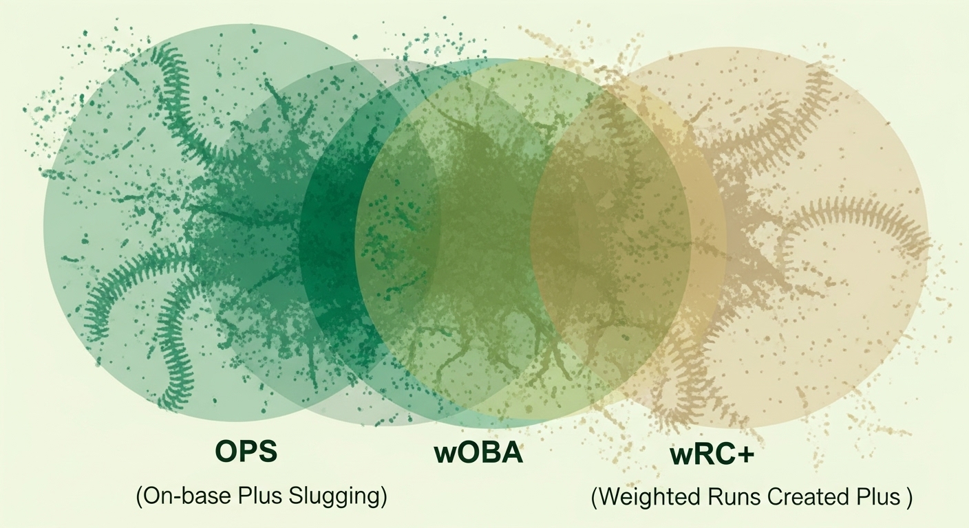 OPS, wOBA, wRC+ 세 가지 타격 지표가 투명하게 겹쳐져 선수의 복합적인 성능을 분석하는 과정을 상징하는 추상적인 이미지.