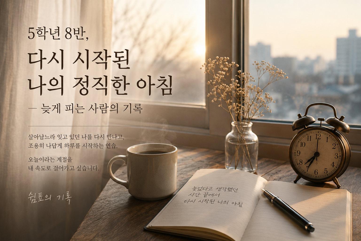새벽 조명 아래에서 조용히 하루를 시작하는 중년의 감성 이미지