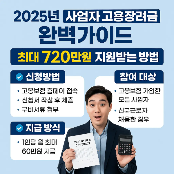 2025년 고용장려금의 대상, 조건, 신청방법 등을 깔끔하게 정리한 정사각형 인포그래픽 이미지