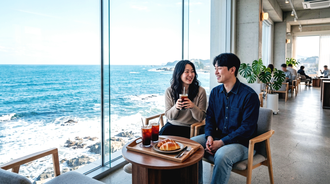 기장 일광의 통창 카페 안에서 바다를 보며 커피를 마시고 있는 한국인 커플의 모습