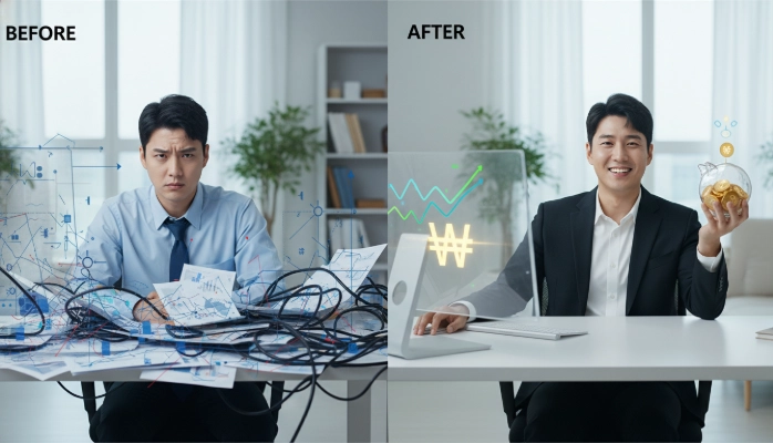 복잡한 연말정산 서류에 지쳐있는 한국인과 IRP, ISA, 연금저축으로 스마트하게 세금 혜택을 받아 여유로운 모습의 한국인을 대비하는 이미지