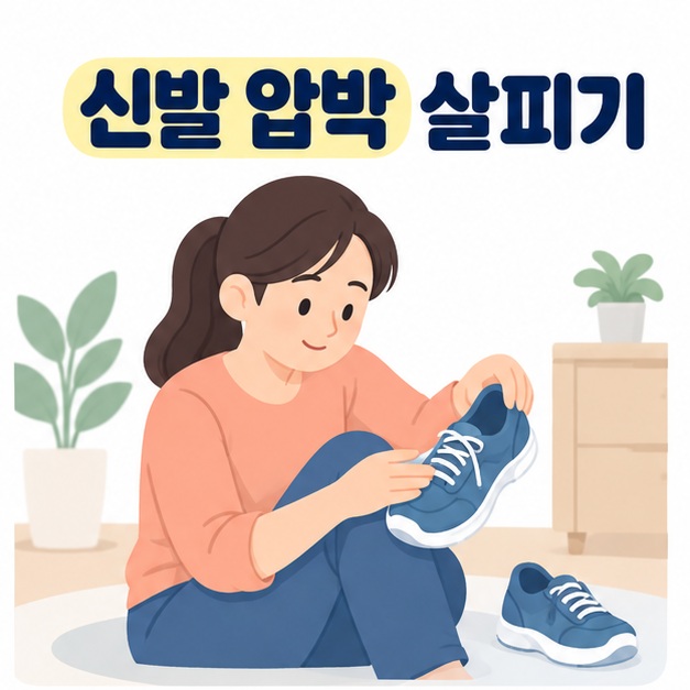 신발 압박 살피기 문구 아래 여성이 파란 운동화를 손에 들고 살펴보는 그림