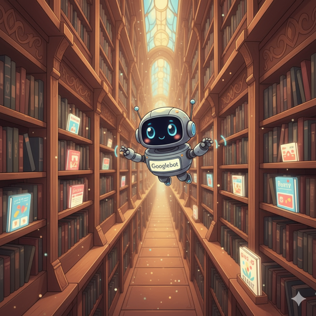 거대한 도서관에서 '구글봇' 로봇이 새 글을 스캔하고 정리하는 모습