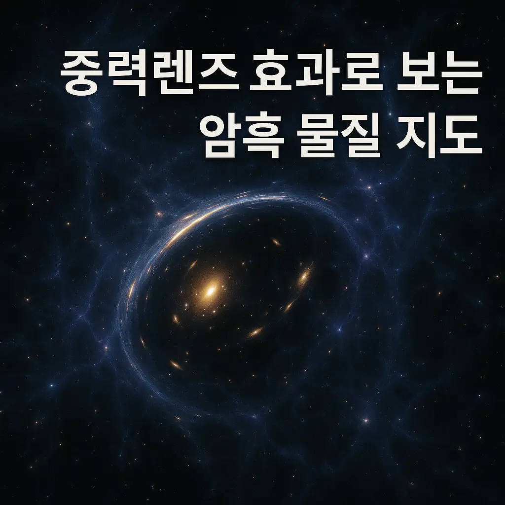 중력렌즈 효과로 왜곡된 빛의 고리와 암흑 물질 구조가 보이는 우주 배경 이미지