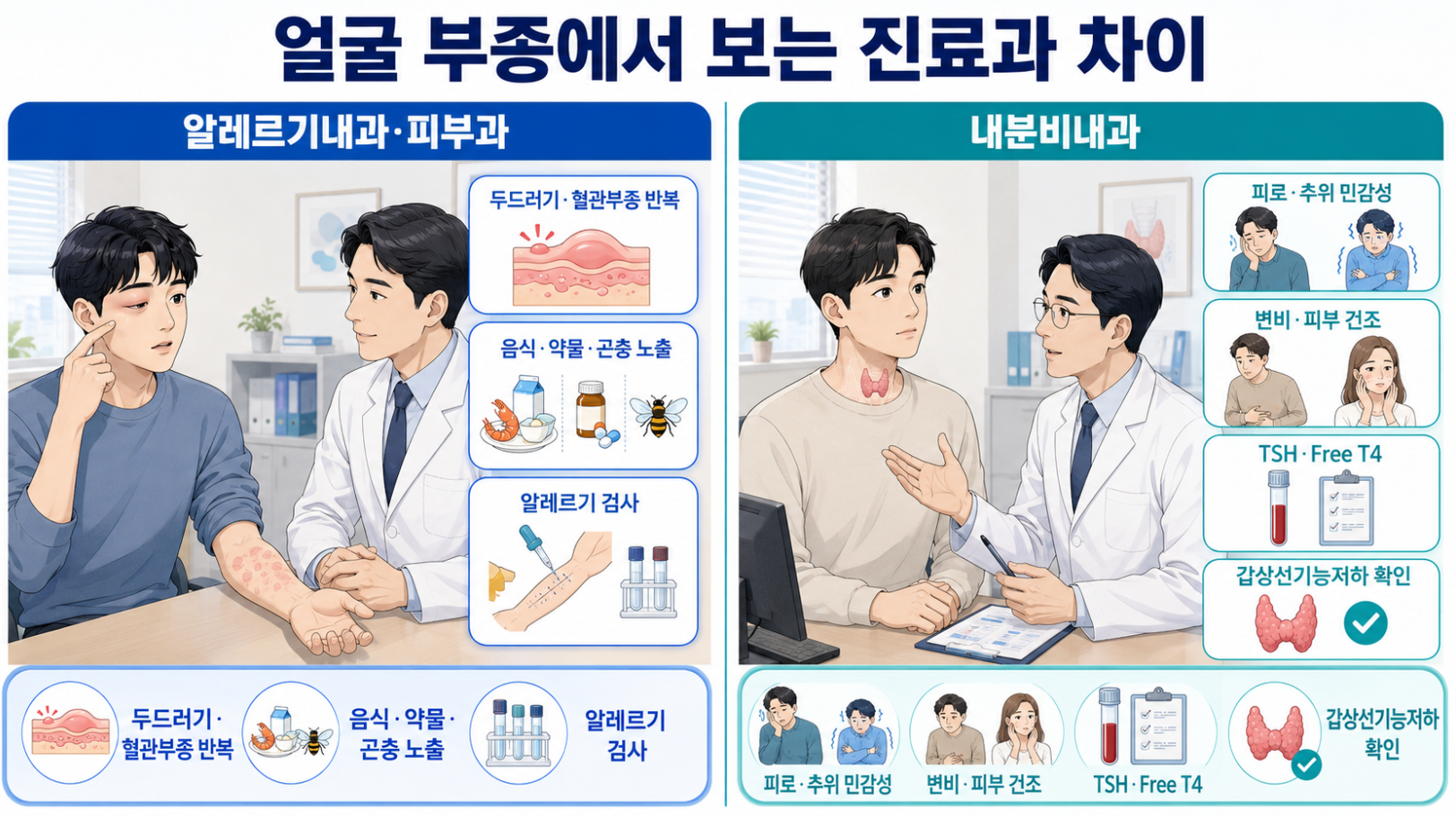 얼굴 부종에서 알레르기내과&middot;피부과와 내분비내과의 확인 항목 비교
