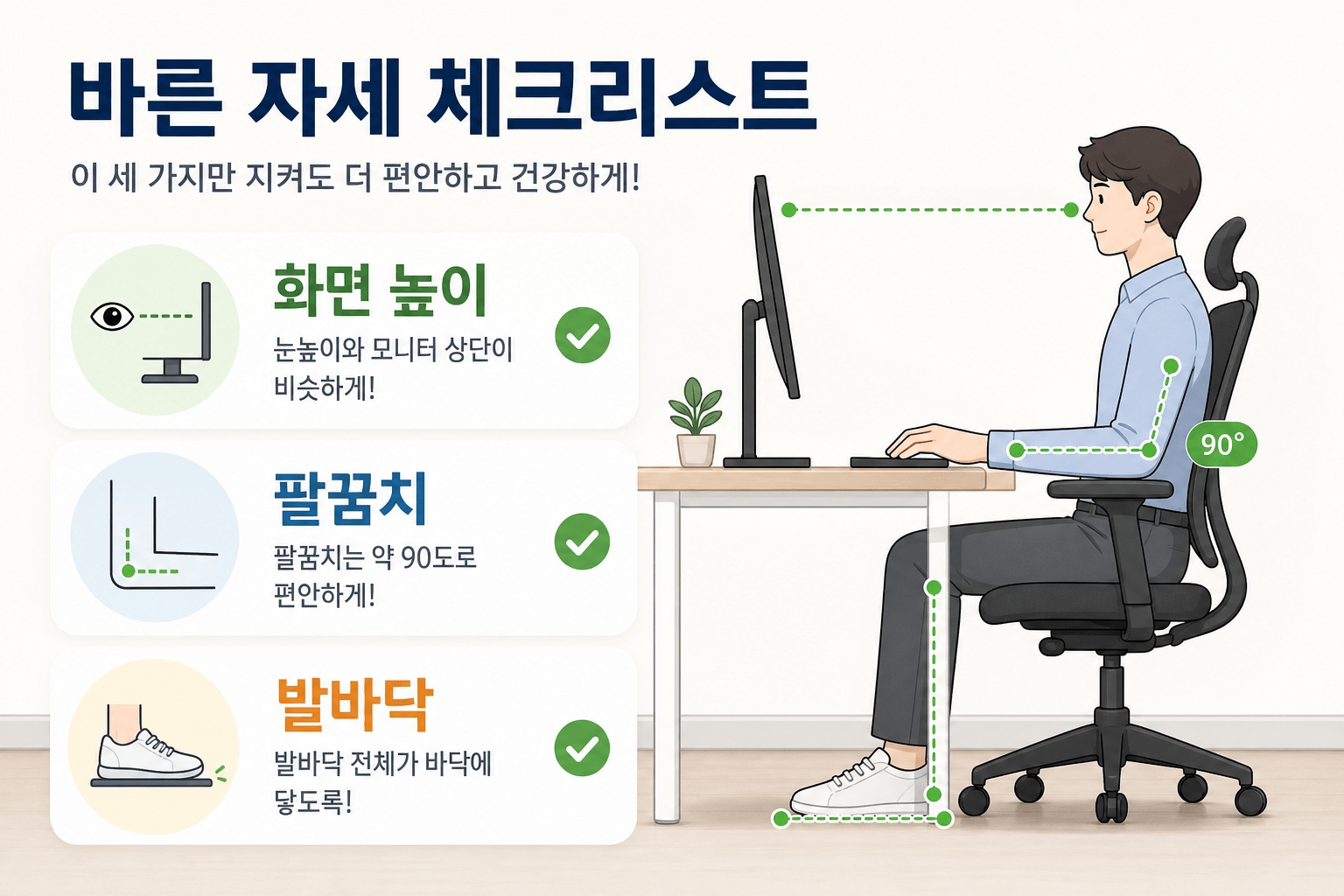 모니터 눈높이와 팔꿈치 각도, 발바닥 위치를 확인하는 책상 자세 세팅 체크 이미지