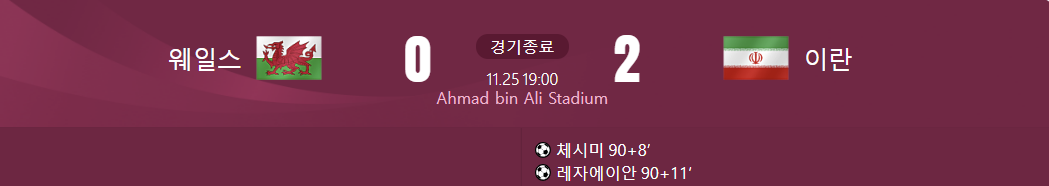 웨일스 대 이란 경기결과가 적힌 사진