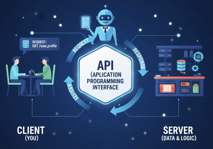 API(Application Programming Interface) 작동 원리 다이어그램: 클라이언트(사용자)가 API를 통해 서버(데이터 및 로직)에 데이터를 요청(Request)하고, 서버는 처리 후 응답(Response)을 반환하는 과정을 보여줍니다.