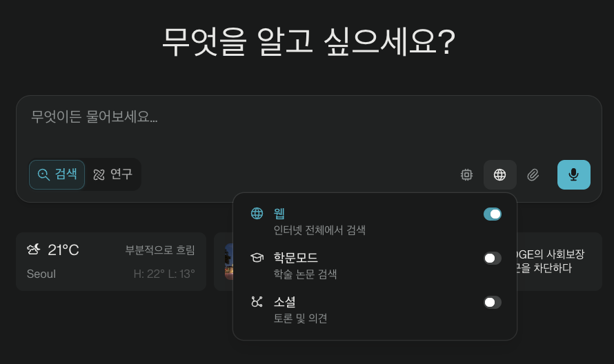 퍼플렉시티 검색 소스 설정 기능