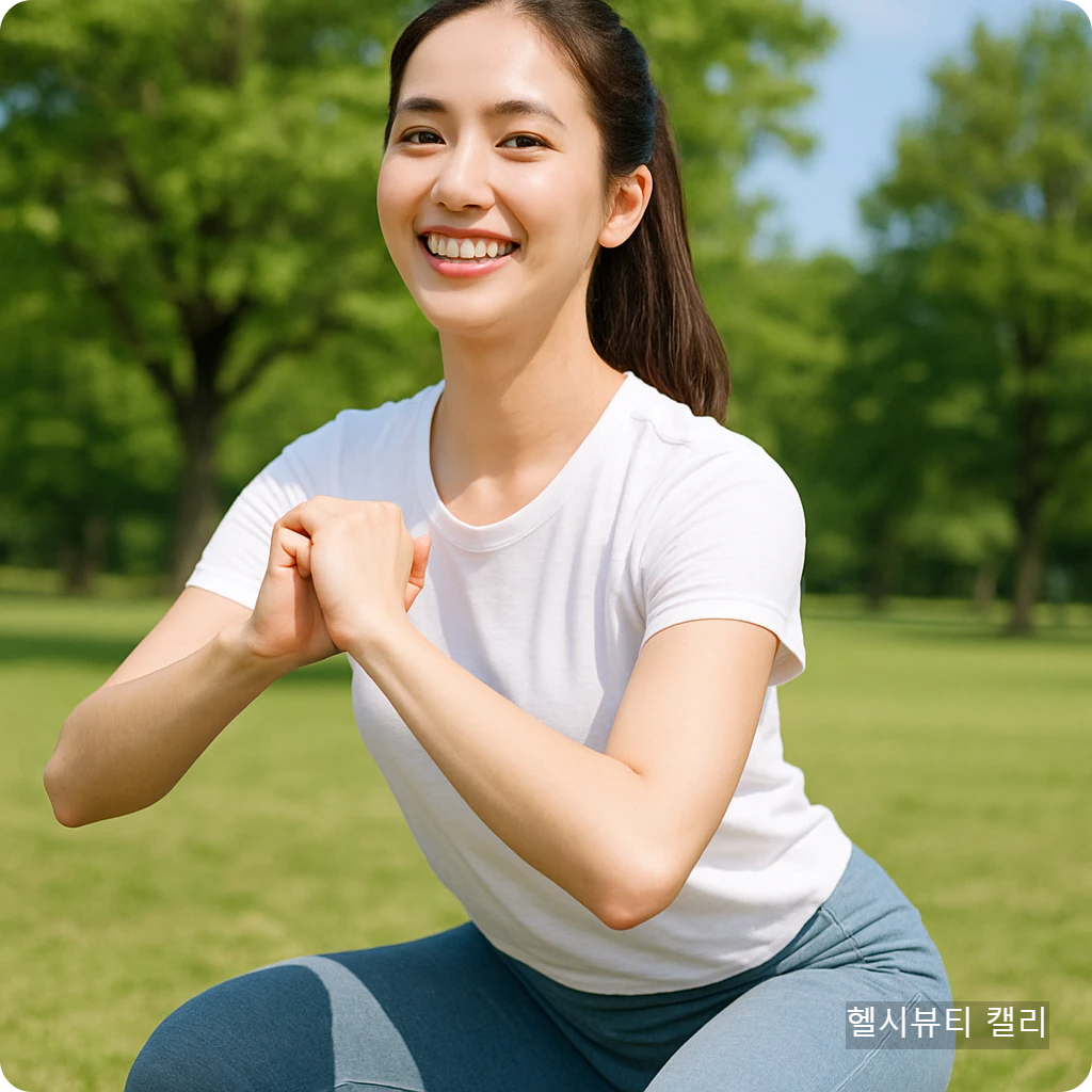 야외 공원에서 밝은 미소로 스쿼트 중인 젊은 여성 모델